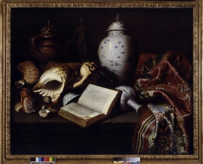 Kinavaser, skjell, antikke bronse, bøker og tepper (olje på lerret) av Meiffren (c.1630 1705) Conte