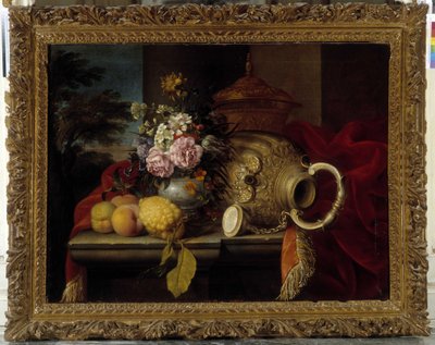 Stilleben med bukett, frukt, vase og rødt stoff (olje på lerret) av Meiffren (c.1630 1705) Conte