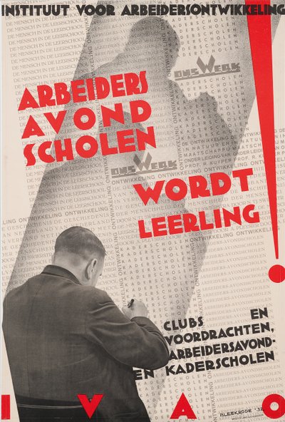 Plakat for Institute of Labor Development (IVAO) som reklamerer for en arbeidernes kveldsskole av Meijer Bleekrode