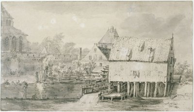 Den såkalte Bergkerk og vannmøllen i Deventer (Lugt 43) av Meindert Hobbema