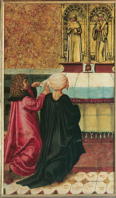 En mann berømmer sin kone til St. Cosmas og Damian av Meister der Legendenszenen
