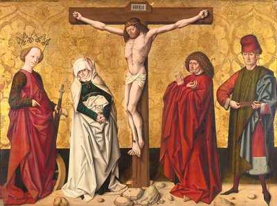 Kristus på korset mellom St. Mary og John, Catherine og Sebastian av Meister von Großgmain