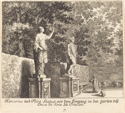 Statuer av Mercury and Flora, Gardens of Dukedi Sora, Frascati av Melchior Küsel after Johann Wilhelm Baur