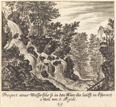 Utsikt over en foss, Østerrike av Melchior Küsel after Johann Wilhelm Baur