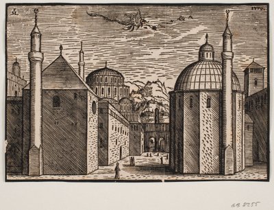 3 moskeer, hver med 1 minaret; på himmelen en flygende drage med lang hale av Melchior Lorck