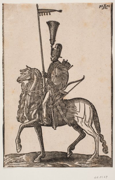 Montert soldat, profil til v.; lanse med vimpel, bue ved siden, sirkulært skjold, kogger; hodeplagg med fjærbusk av Melchior Lorck
