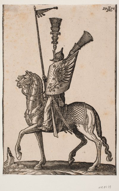 Montert soldat, profil til v.; lanse med vimpel, metallhjelm med svært høy fjære, skjold med ørnevinge og en ekstra høy fjære av Melchior Lorck