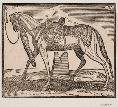 Elegant salhest, bundet av v. rammelinje, profil til v.; under hestens mage sees en ødelagt en av Melchior Lorck