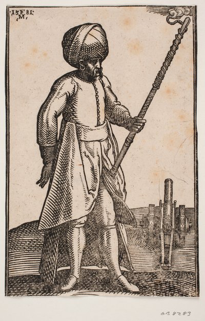 En kanonist ved kanonen sin, i et åpent landskap av Melchior Lorck