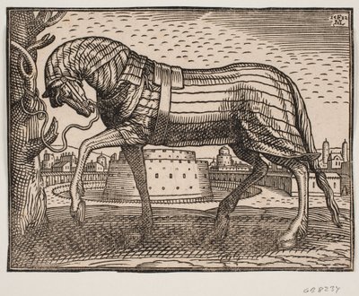 Hest, drapert, profil til v., bundet til et tre; i bakgrunnen by med kjegleformet slott i sirkulær vollgrav av Melchior Lorck