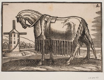 Hest, dekket med skulderblad, profil til venstre av Melchior Lorck