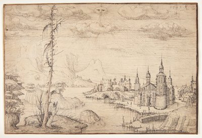 Landskap med en by av Melchior Lorck