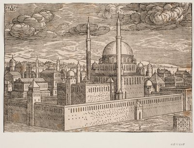 Moske, med to minareter, sett fra nordvest; på den andre siden av vannet kan Galata sees? I nedre høyre hjørne er det en kubisk formet stein, på hvilken en firkantet geometrisk figur er etset, en figur som antagelig viser av Melchior Lorck