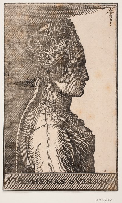 Portrett av en sultans kone, profil mot høyre av Melchior Lorck