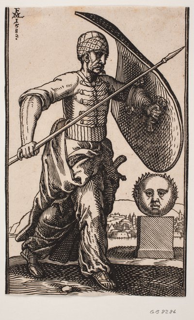 Soldat går mot h.; på v. arm et buet skjold, i h. hånd en lanse; dvs. en sokkel med kuleformet hode sett forfra; i det fjerne bak hodet en by ved vannet av Melchior Lorck