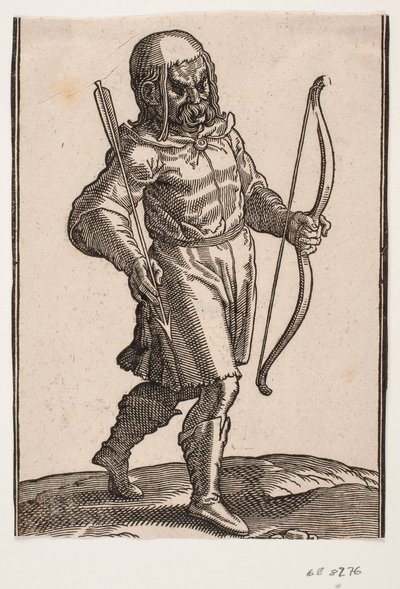 Soldat, går mot h.; støvler og knekort dress; i v. hånd en bue, i h. hånd en pil av Melchior Lorck
