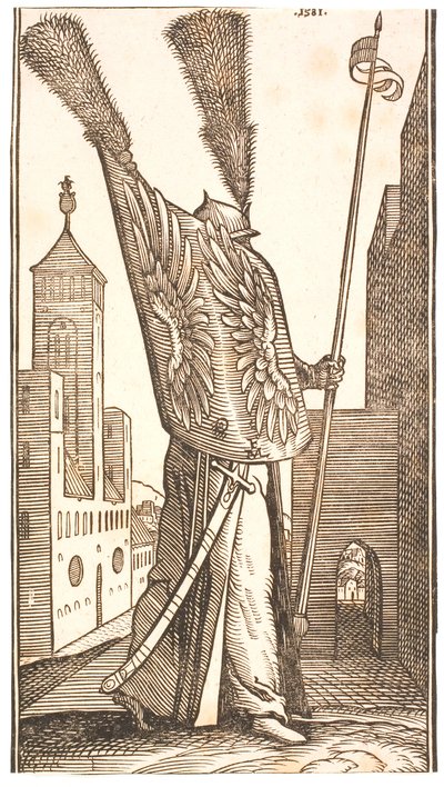 Stående soldat med et skjold dekorert med ørnevinger og en hjelm utsmykket med en enorm skyte av Melchior Lorck