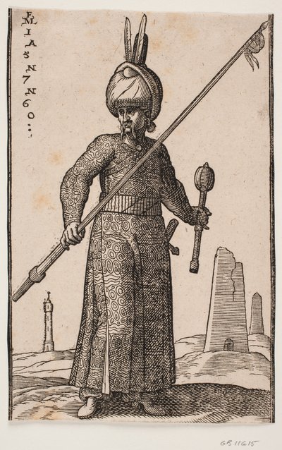 Stående soldat, sett forfra; i høyre hånd en lanse med en vimpel på spissen; i venstre hånd, en kølle; på hodet en turban med to fjær; i landskapet, et «fyrtårn» og et par obelisklignende bygninger av Melchior Lorck
