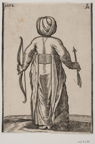 Stående bueskytter, sett bakfra; i v. hånd en bue, i h. hånd en pil av Melchior Lorck