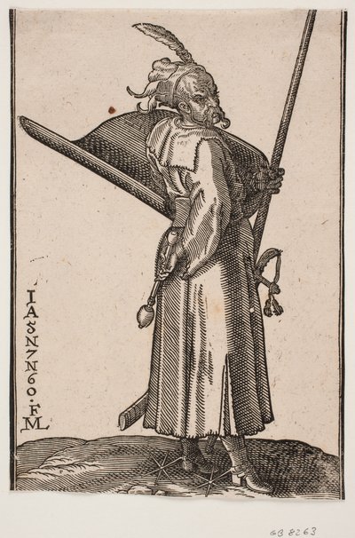 Stående soldat (akinci), profil til r.; i r. hånd en kølle, i v. hånd en lanse, hvis topp er utenfor øvre rammelinje; på r. arm et skjold med innsiden vendt oppover, ved r. side et sverd av Melchior Lorck