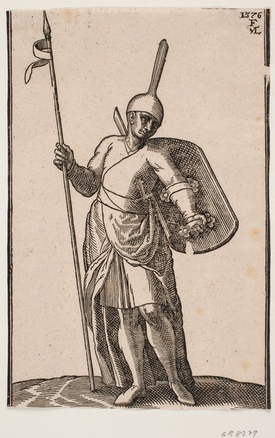 Stående soldat, sett forfra; hodeplagg med høy, tynn topp; i r. hånd et spyd, på l. arm et skjold, sett fra innsiden av Melchior Lorck