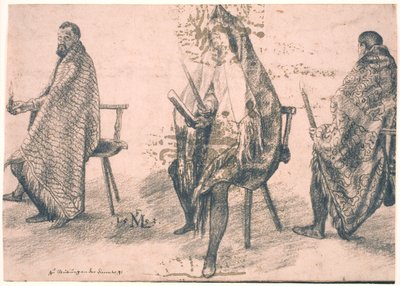 Tre sittende menn, hver holder et lys i hånden av Melchior Lorck