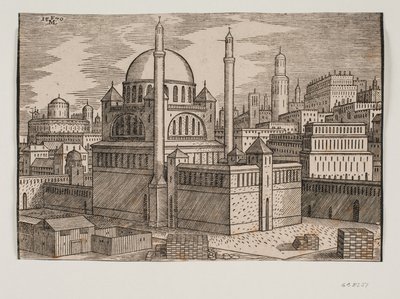 Uidentifisert moske med 2 minareter, sett fra nordøst; i forgrunnen byggeplass med stablede byggeklosser av Melchior Lorck