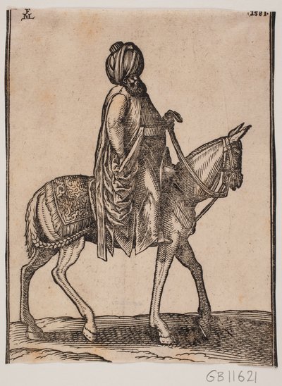 Ubevæpnet velnært eldre rytter med turban på hodet, profil mot høyre av Melchior Lorck