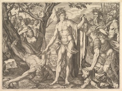 Apollo and Marsyas and the Judgment of Midas: til høyre Midas with the ears of a ass resti..., 1581. av Melchior Meier