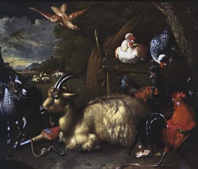 Geit med andre dyr og fugler i et landskap av Melchior de (school of) Hondecoeter
