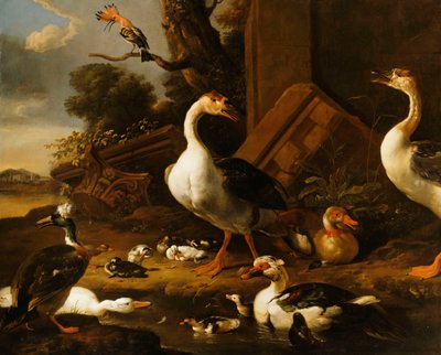 Kinesiske og egyptiske gjess og andre fugler i et landskap med ruiner i nærheten, av Melchior de Hondecoeter