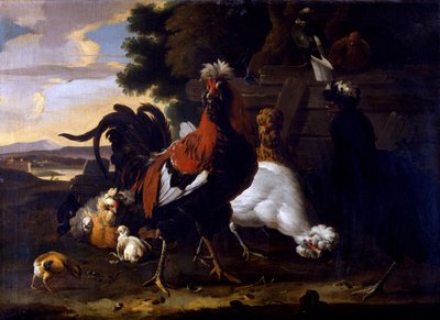 Hane, høner og kyllinger ved et gjerde i et skogslandskap av Melchior de Hondecoeter