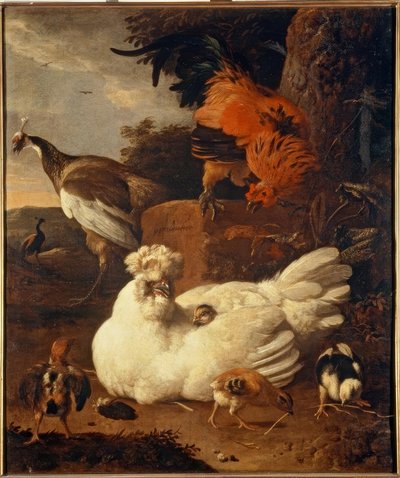 M. de Hondecoeter, hønemor med unger av Melchior de Hondecoeter
