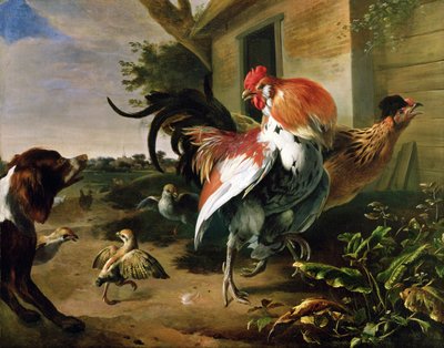 Fjærkre og spaniel i et gårdstun av Melchior de Hondecoeter