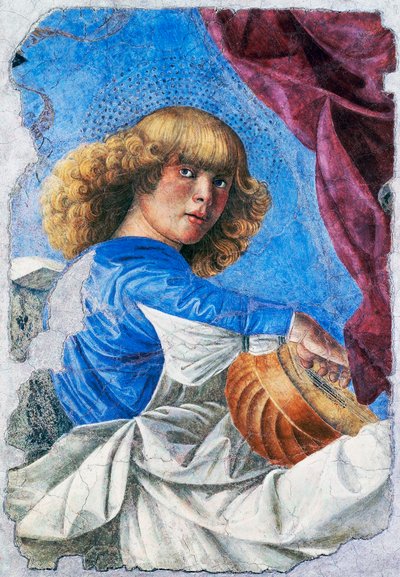 Engel som spiller lut, 1480, freskomaleri av Melozzo da Forli (1438-1494), frittstående freskomaleri fra Kristi himmelfartsfreskomaleri, Italia av Melozzo da Forli