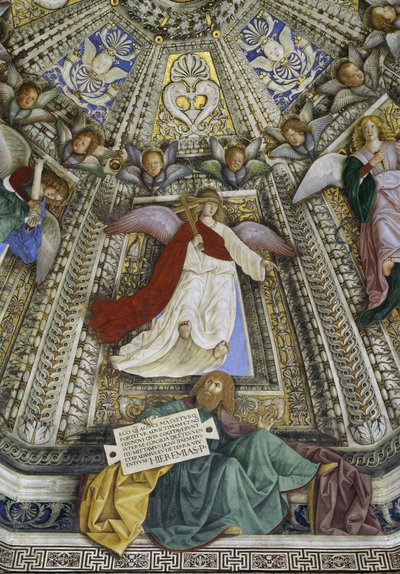 Profeten Jeremia og en engel, kuppelen til sakristiet til Saint Mark, Santuario della Santa Casa, Loreto, ca. 1477-93 (fresco) av Melozzo da Forli