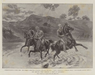 Korrespondenter under ild, fiendens granatsplinter sprengte over Mr Nevinson (Daily Chronicle), Melton Prior (Illustrated London News) og Servant, når de krysset en drift ved Ladysmith av Melton Prior