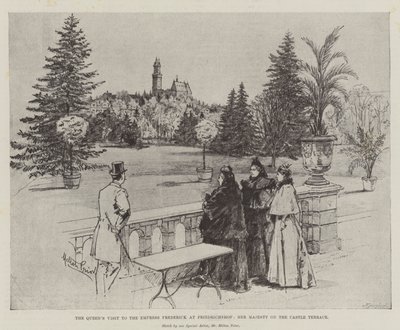Dronningens besøk til keiserinne Frederick ved Friedrichshof, Hennes Majestet på Slottsterrassen av Melton Prior