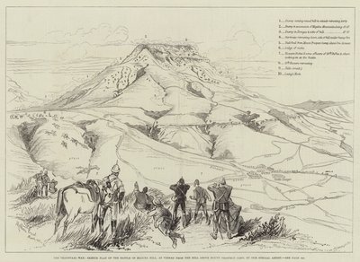 Transvaal-krigen, skisseplan for slaget ved Majuba Hill, sett fra bakken over Mount Prospect Camp av Melton Prior