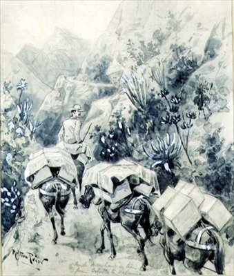 Trekking, Mule Merchandise Train fra Cabello til Valencia (akvarell på papir) av Melton Prior
