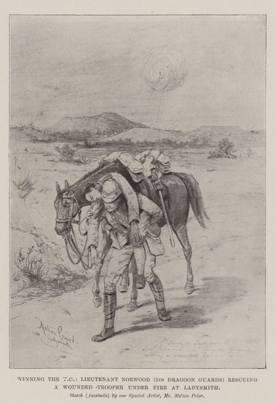 Winning the VC, Lieutenant Norwood (5th Dragoon Guards) rescuing a Wounded Trooper under Fire at Ladysmith  av Melton Prior