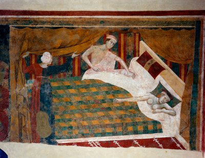 Scene for ekteskapsliv i middelalderen. En mann blir med sin kone og sover naken i sengen. Detalj. (fresco, tidlig på 1300-tallet) av Memmo di Filippuccio