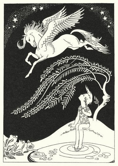 Nedover kom Pegasus, i brede sveipende sirkler (farge litho) av Merlyn Mann