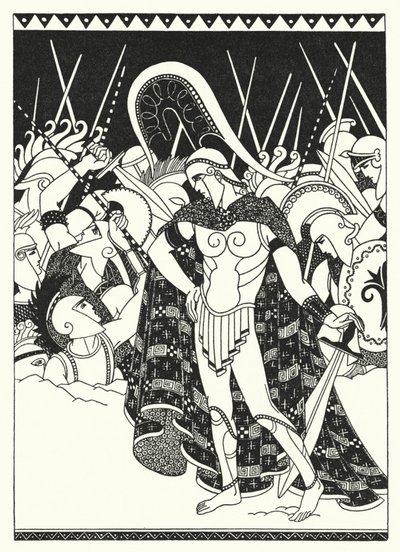 De begynte å slå mot hverandre med sverdene (farge litho) av Merlyn Mann