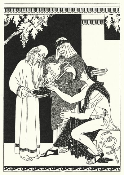 "Hvorfor, mor Baucis, det er en fest!" utbrøt Quicksilver (farge litho) av Merlyn Mann