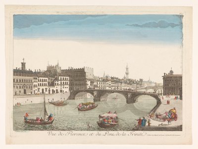 Utsikt over Ponte Santa Trinita over elven Arno i Firenze Vue de Florence et du Pont de la Trinité (tittel på objekt) av Mesard