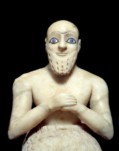 Art Mesopotamia: Statue av intendant Ebih-il. Skulptur av albaster, skjell, lapis-lazuli og skifer, Rundt 2500 f.Kr. (sumerisk periode, rundt 2900-2200 f.Kr.). Fra Mari. Høyde: 0,525 m. Paris, Louvre-museet av Mesopotamian