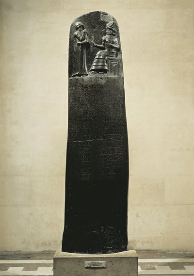 Code of Hammurabi: guden Shamash dikterer lovene sine til Hammurabi, kongen av Babylon, funnet i Susa, Iran, ca. 1750 f.Kr. (basalt) av Mesopotamian