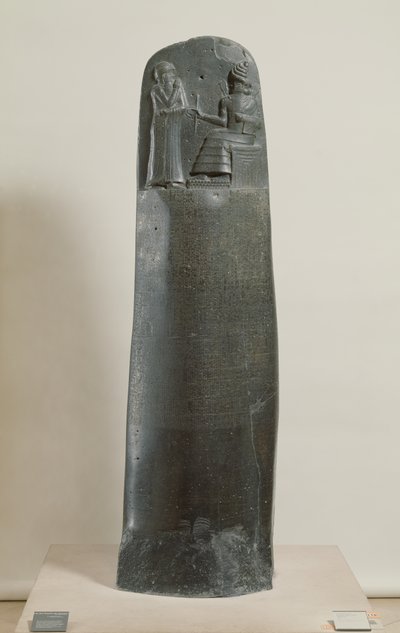 Code of Hammurabi: guden Shamash dikterer lovene sine til Hammurabi, kongen av Babylon, funnet i Susa, Iran, ca. 1750 f.Kr. (dioritt) (for detaljer se 69507) av Mesopotamian