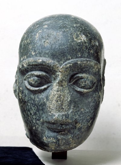 Hodet til en mann, kjent som Gudea med et barbert hode, fra Telloh (Ancient Girsu) Neo-Sumerian, ca. 2120 f.Kr. (dioritt) av Mesopotamian